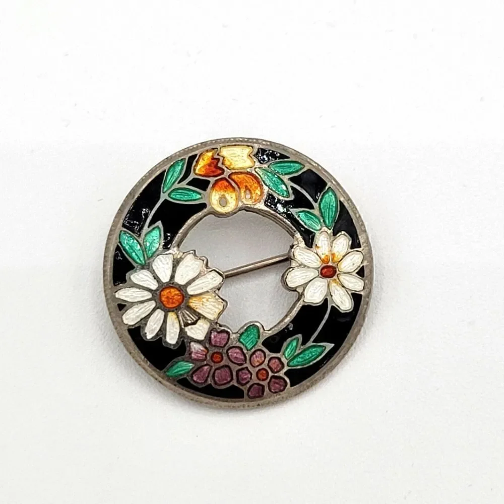 Cloisonne Vtg Gold Toned Multi Color Flowers Leaves Pin / Brooch 2